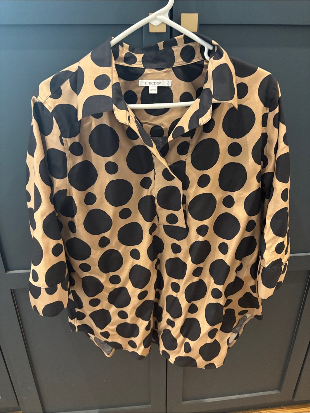 Chico's Tan and Black Oversized Polka Dot Button-Up Shirt